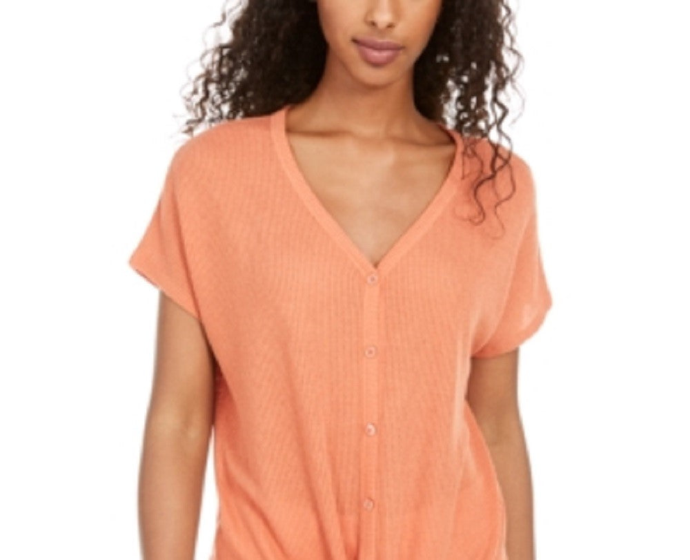 Camiseta feminina com decote em V e manga curta, cor sólida, rosa, tamanho médio, laranja