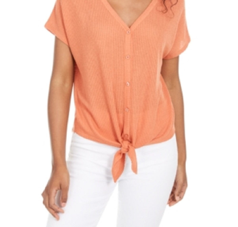 Camiseta feminina com decote em V e manga curta, cor sólida, rosa, tamanho médio, laranja