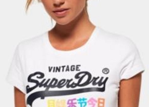 Camiseta feminina Superdry Cotton Premium Goods Graphic, branca, tamanho 12