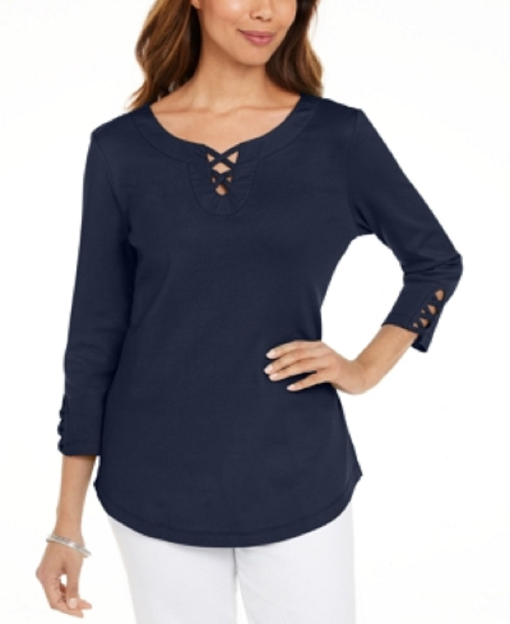 Camiseta feminina Karen Scott de algodão com cadarço, azul, tamanho XS