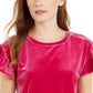 Blusa feminina de veludo liso, manga curta, gola redonda, roxa, tamanho médio, Maison Jules