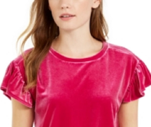 Blusa feminina de veludo liso, manga curta, gola redonda, roxa, tamanho médio, Maison Jules