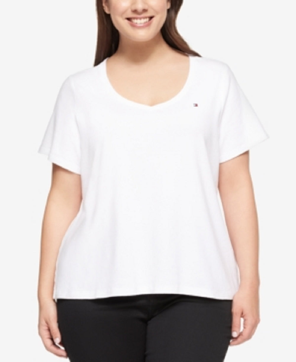 Camiseta feminina Tommy Hilfiger de manga curta e decote em V 3X