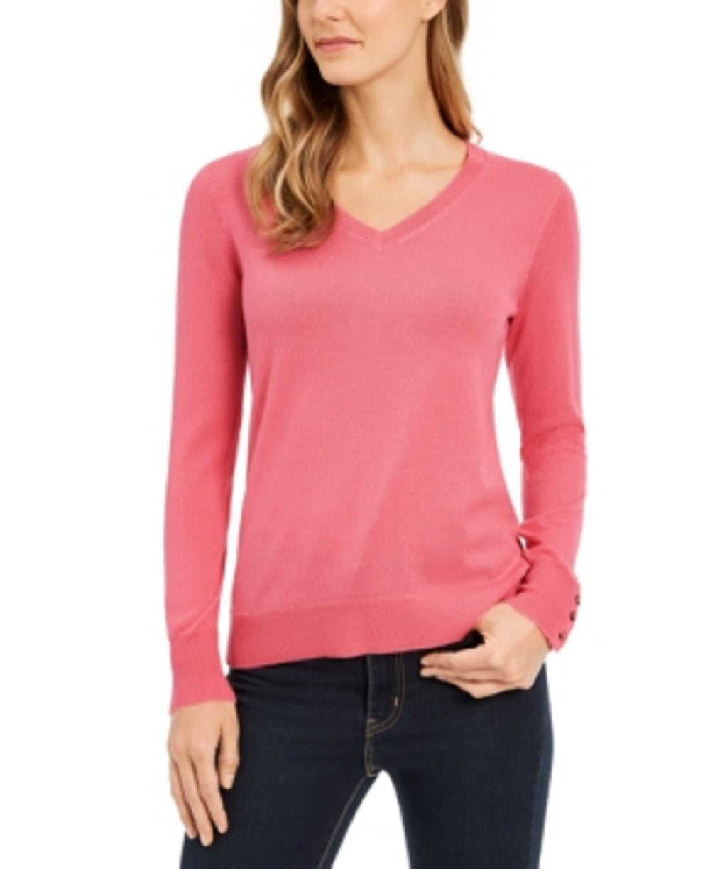 Suéter feminino de lã merino com botões e decote em V, rosa, tamanho XX-G