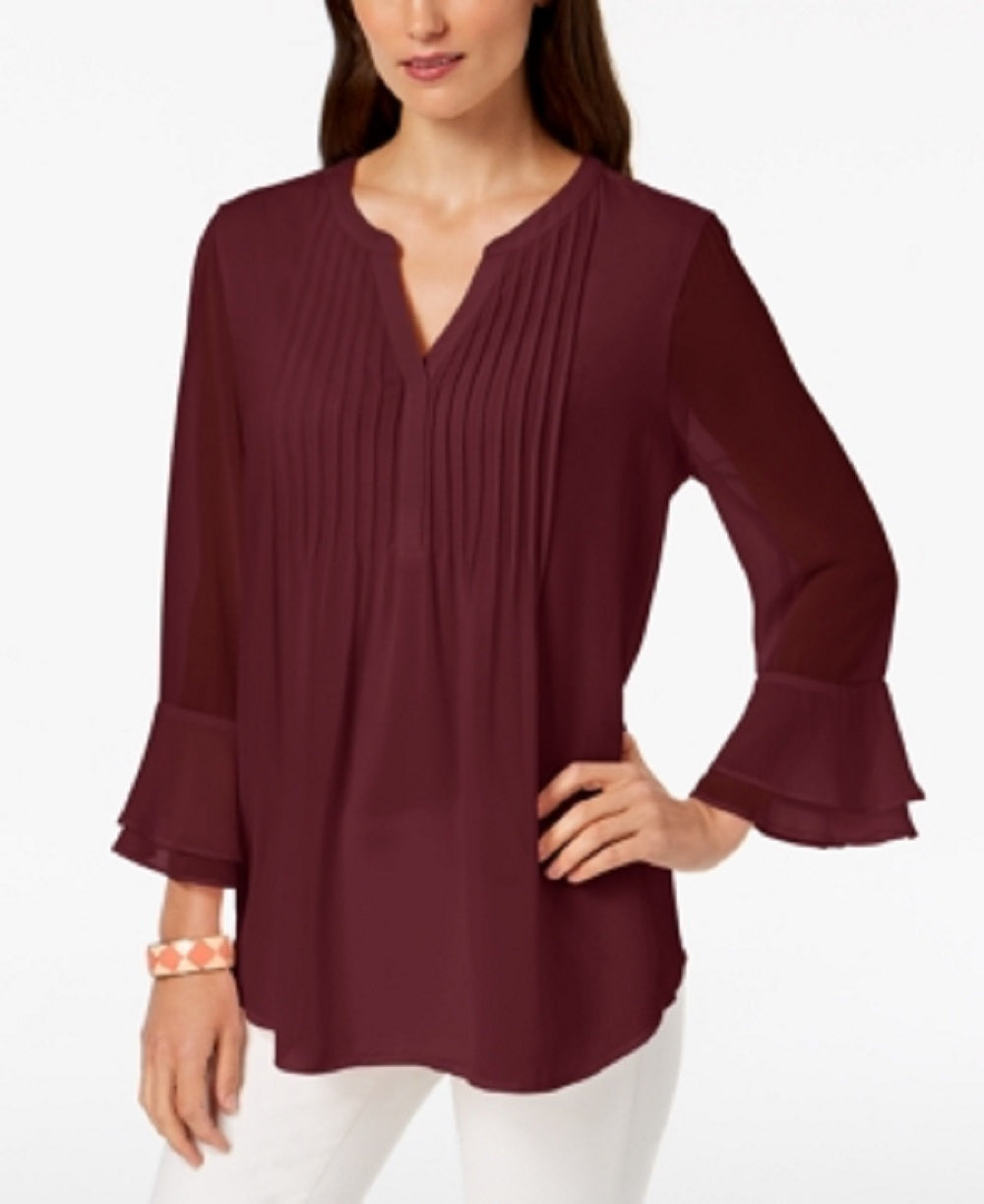 Charter Club Blusa Feminina com Babados Duplos e Estampa Pintuck, Vermelha, Tamanho Grande