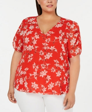 Blusa Calvin Klein Feminina Estampa Floral Gola V Vermelha 0X