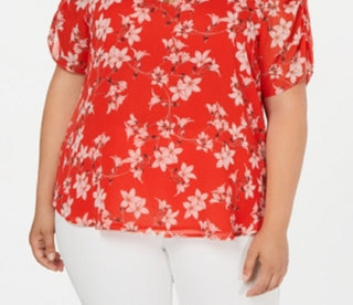 Blusa Calvin Klein Feminina Estampa Floral Gola V Vermelha 0X