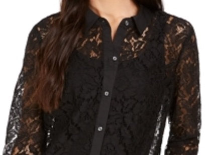 Camisa feminina de renda com botões Charter Club, preta escura, tamanho pequeno GG