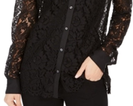 Camisa feminina de renda com botões Charter Club, preta escura, tamanho pequeno GG