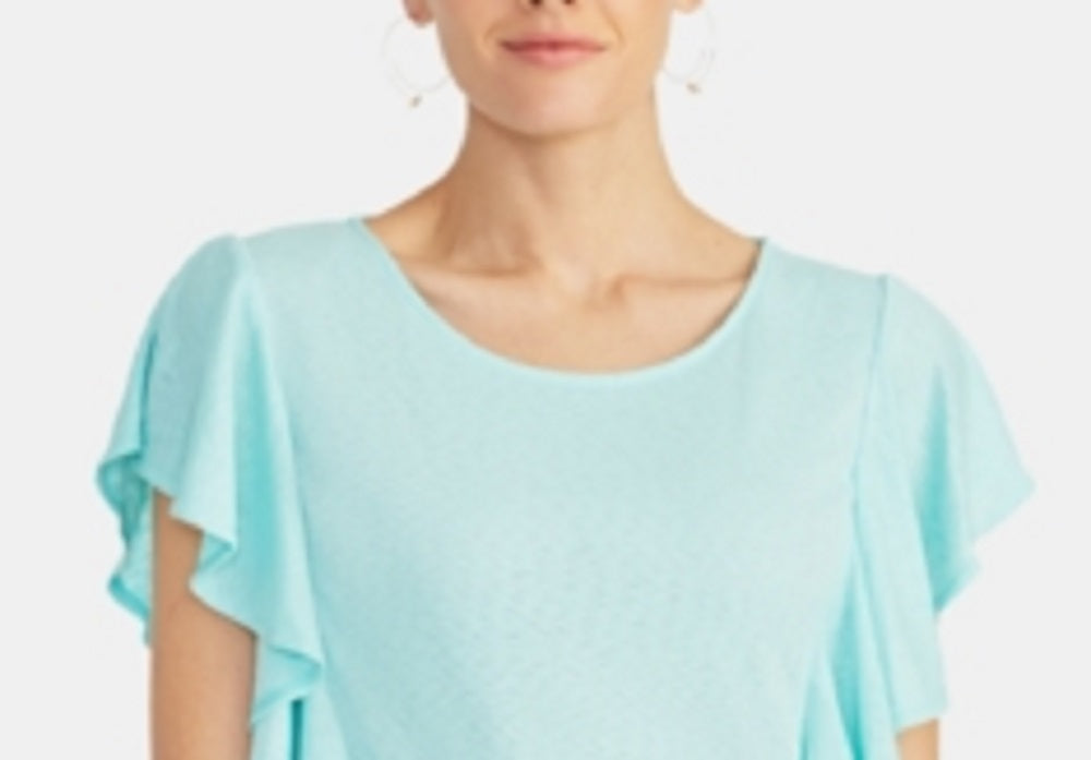Blusa feminina Rachel Roy de manga curta com decote em joia, azul, tamanho XX-G