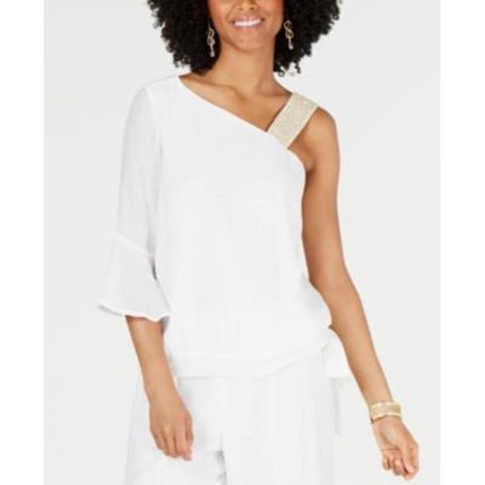 Thalia Sodi Top Feminino de Gaze com Um Ombro e Amarração na Barra, Branco, Tamanho Pequeno