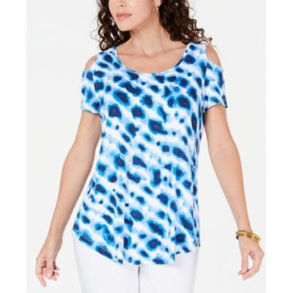 Blusa feminina estampada com ombros descobertos, azul, tamanho pequeno G, da coleção JM