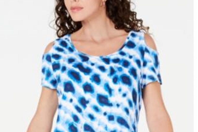 Blusa feminina estampada com ombros descobertos, azul, tamanho pequeno G, da coleção JM