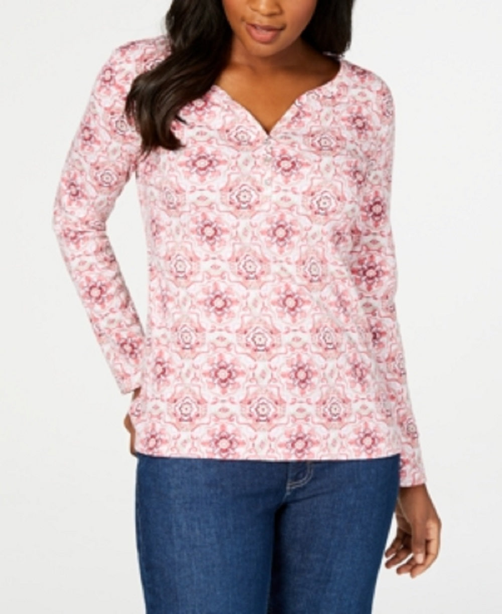 Karen Scott Feminino Manga 3/4 Estampado Henley Rosa Tamanho P