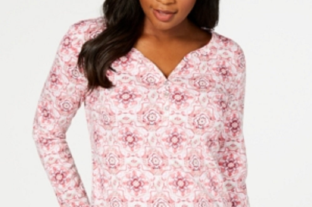Karen Scott Feminino Manga 3/4 Estampado Henley Rosa Tamanho P