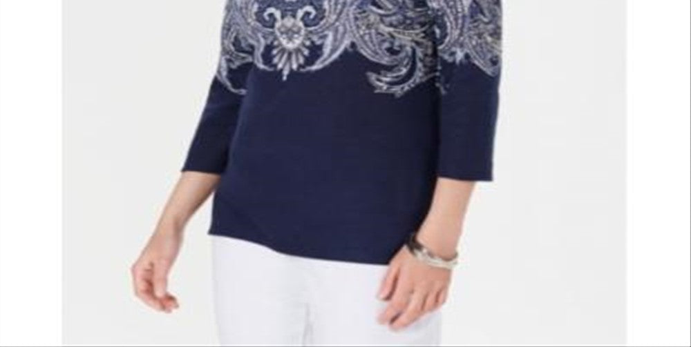 Blusa feminina Karen Scott com decote canoa e estampa paisley, azul, tamanho pequeno G