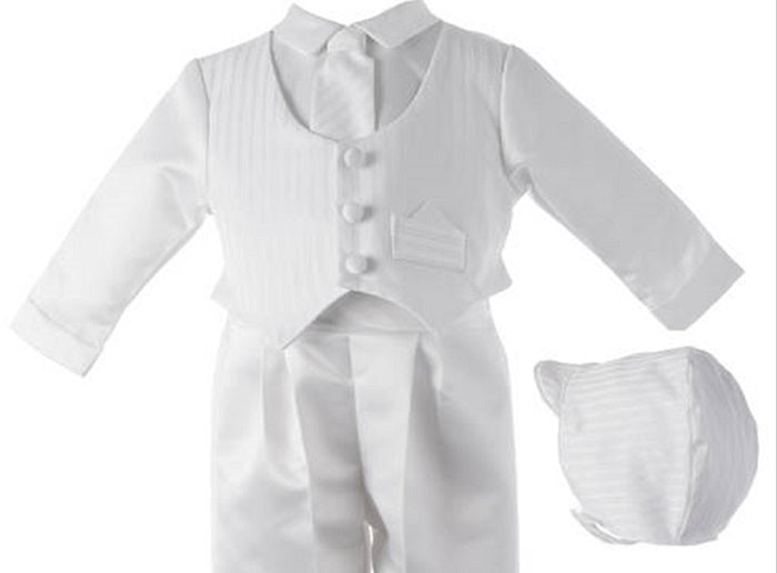 Traje de batizado de cetim para menino Lauren Madison com chapéu e gravata, branco, tamanho 6-9 meses