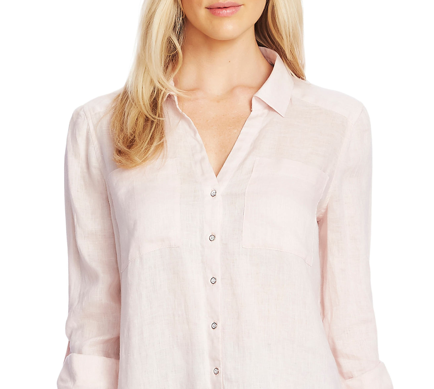 Blusa feminina Vince Camuto de linho com mangas compridas e botões, rosa, tamanho XS
