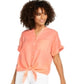 Camisa feminina Charter Club de linho com botões e amarração frontal, laranja, tamanho médio