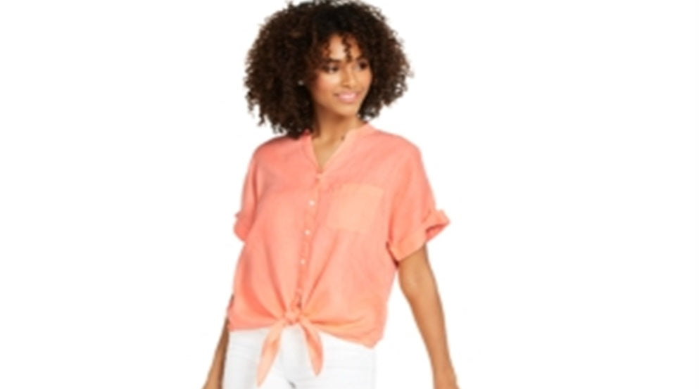 Camisa feminina Charter Club de linho com botões e amarração frontal, laranja, tamanho médio
