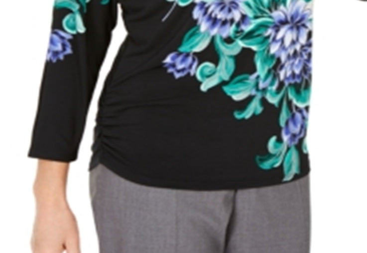 JM Collection Blusa feminina estampada com manga dolman e detalhes, preta, tamanho pequeno