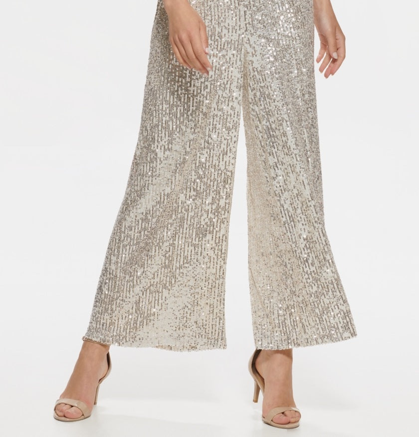 Macacão feminino Eliza J com mangas esvoaçantes e lantejoulas, bege, tamanho pequeno