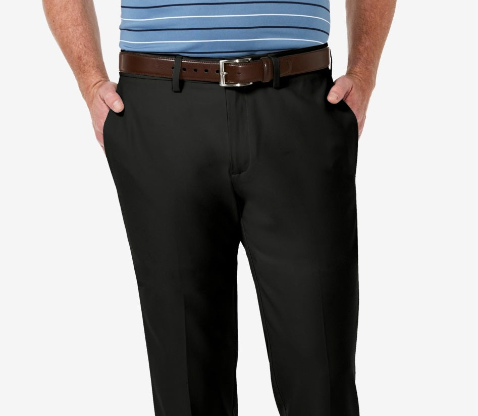 Calça social Haggar Cool 18 Pro Stretch Straight Fit com frente lisa, preta, tamanho 36x30