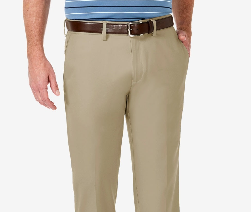 Calça social Haggar Cool 18 Pro Stretch Straight Fit com frente lisa e bege, tamanho 38x30