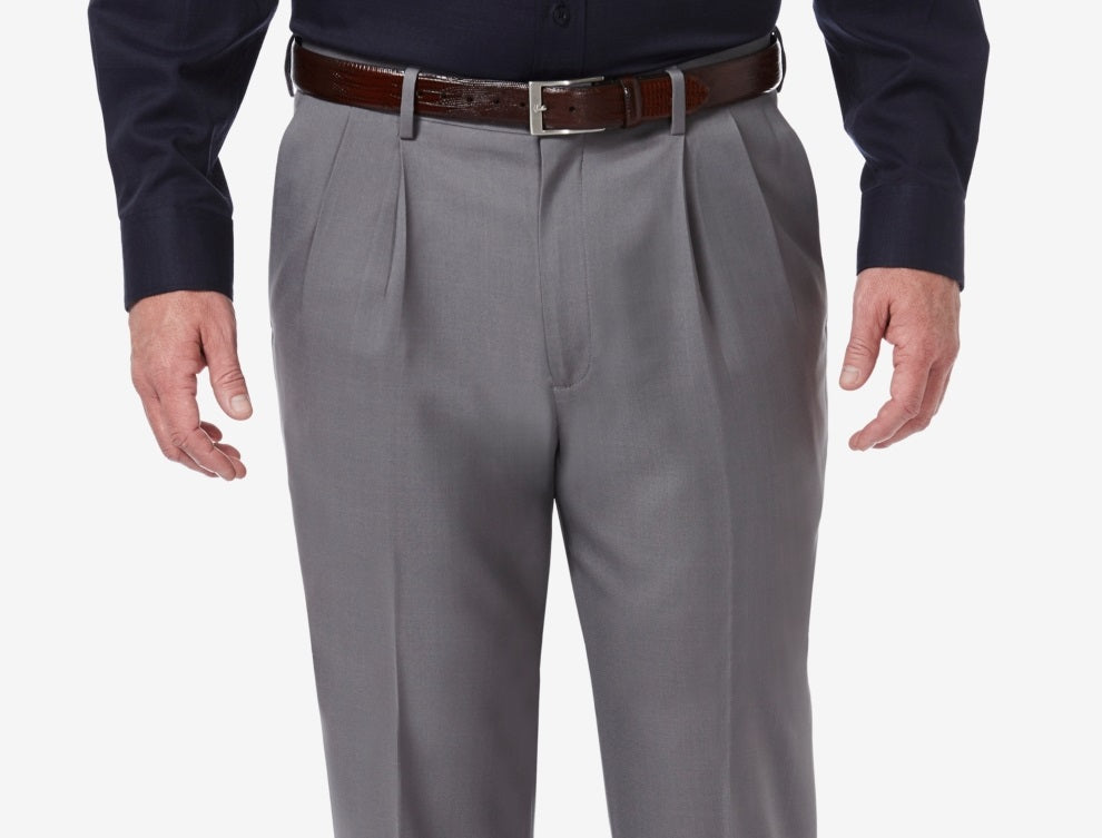 Calça social Haggar masculina premium comfort stretch, ajuste clássico, lisa, plissada, cinza, tamanho 34x30