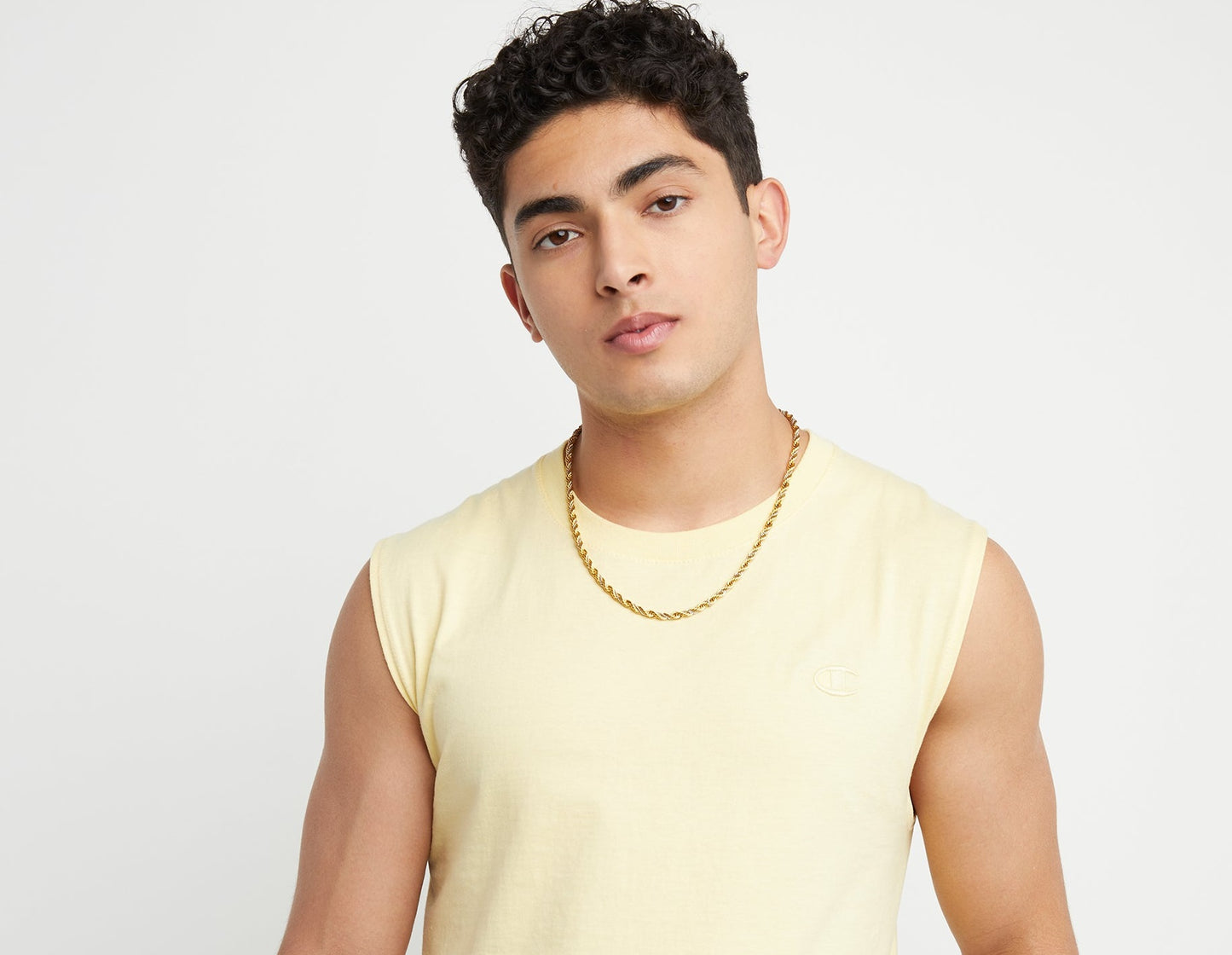 Camiseta masculina Champion Classic Muscle com logotipo C bordado, amarela, tamanho grande