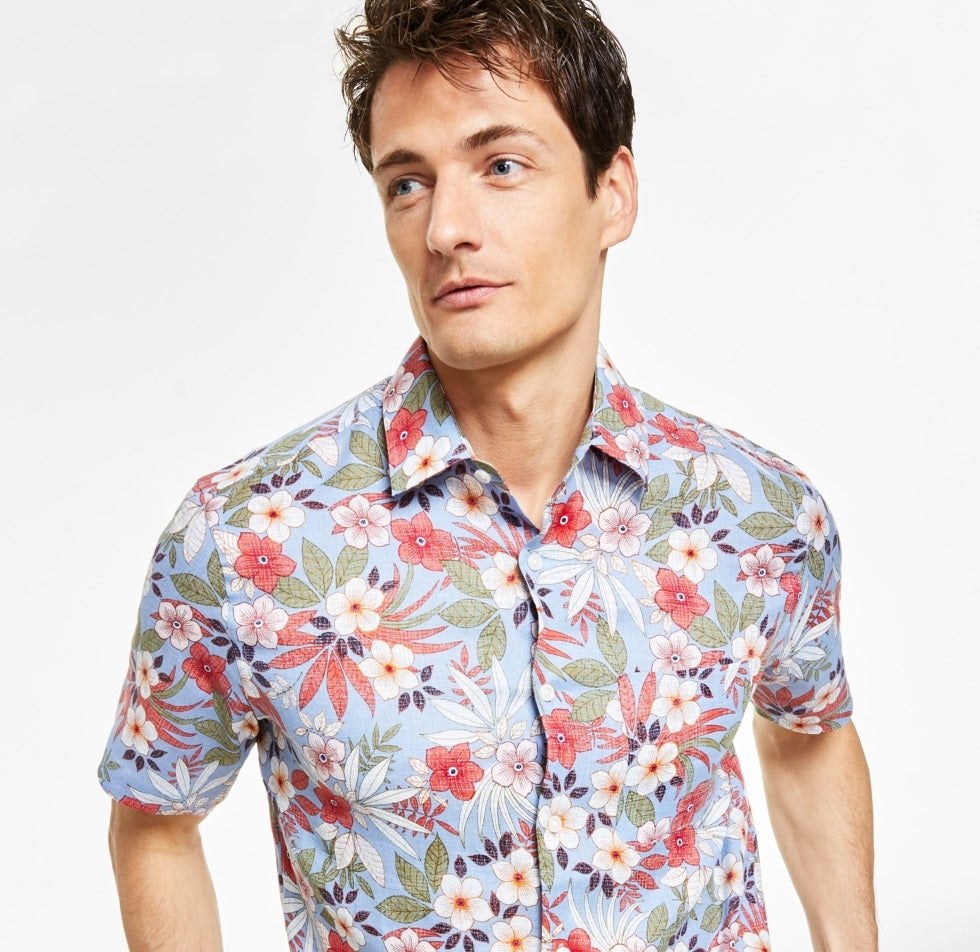 Camisa masculina de manga curta 100% linho floral roxa tamanho pequeno Club Room