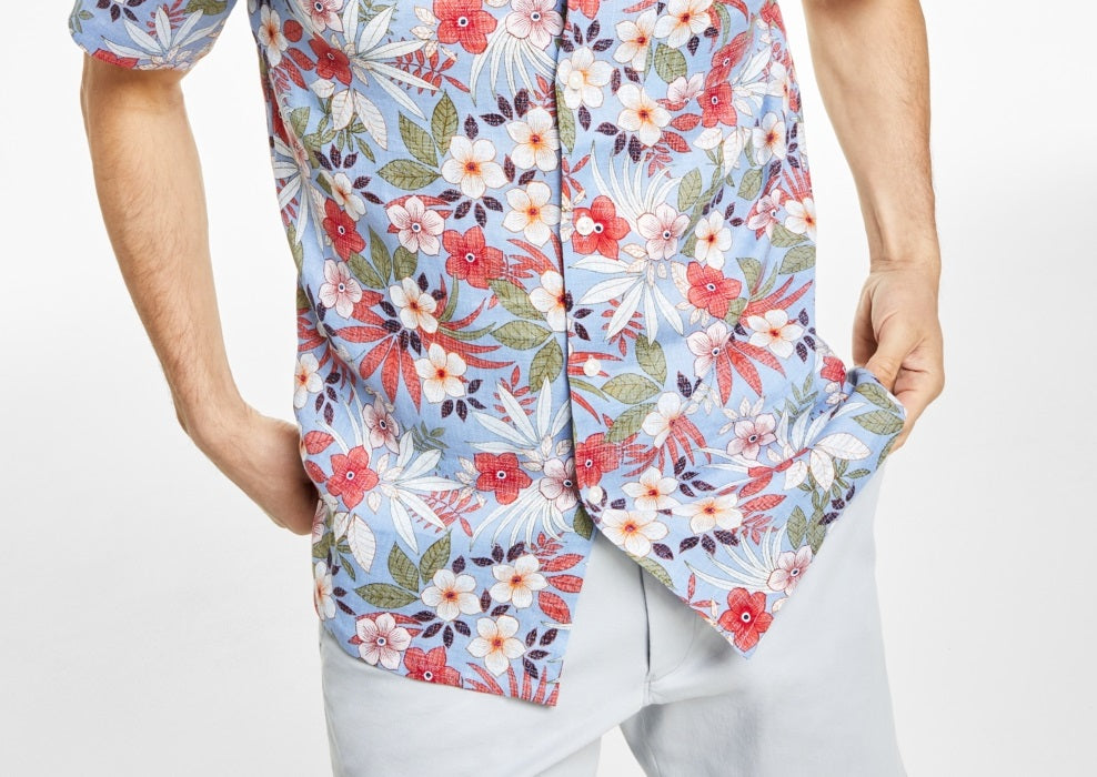 Camisa masculina de manga curta 100% linho floral roxa tamanho pequeno Club Room
