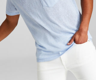 E agora esta camisa masculina de manga curta com bolso Slub azul tamanho médio