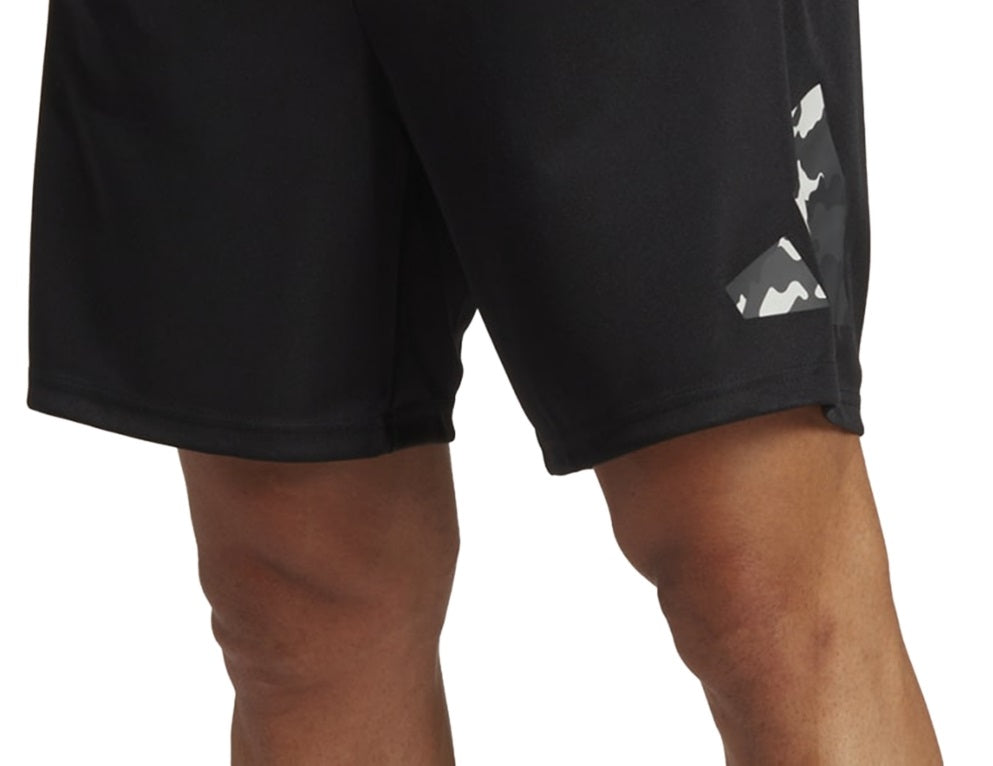 Shorts de treino adidas masculino Train Essentials Seasonal Camo com logotipo preenchido, preto, tamanho pequeno