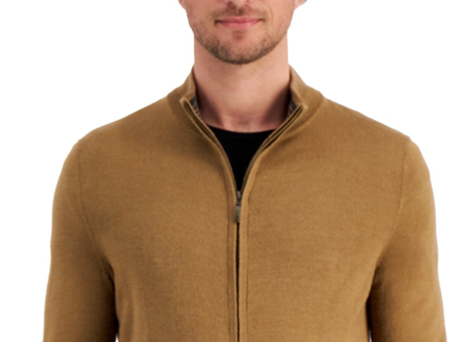 Suéter masculino Club Room Merino com zíper frontal marrom tamanho extragrande