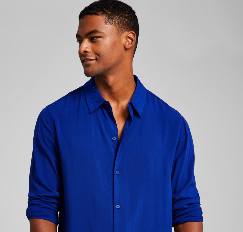 E agora esta camisa resort masculina de manga comprida lisa azul tamanho pequeno