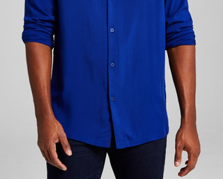 E agora esta camisa resort masculina de manga comprida lisa azul tamanho pequeno