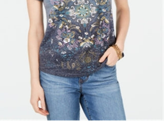 Camiseta feminina com bainha de lenço e detalhes embelezados, tamanho pequeno, cinza, estilo &amp; co