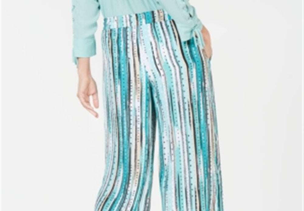 Calça feminina estampada de perna larga JM Collection, azul, tamanho X-G