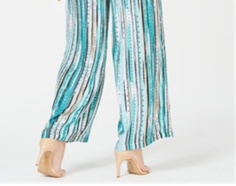 Calça feminina estampada de perna larga JM Collection, azul, tamanho X-G