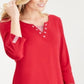 Karen Scott Blusa Feminina Listrada de Malha com Ilhós e Gola V Vermelha Tamanho X-G