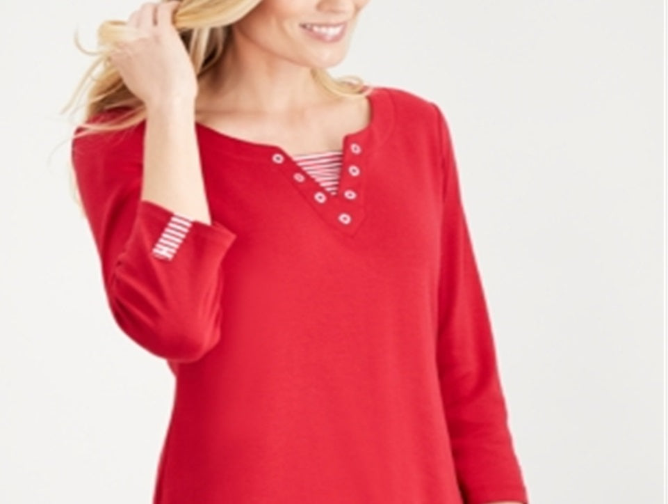 Karen Scott Blusa Feminina Listrada de Malha com Ilhós e Gola V Vermelha Tamanho X-G