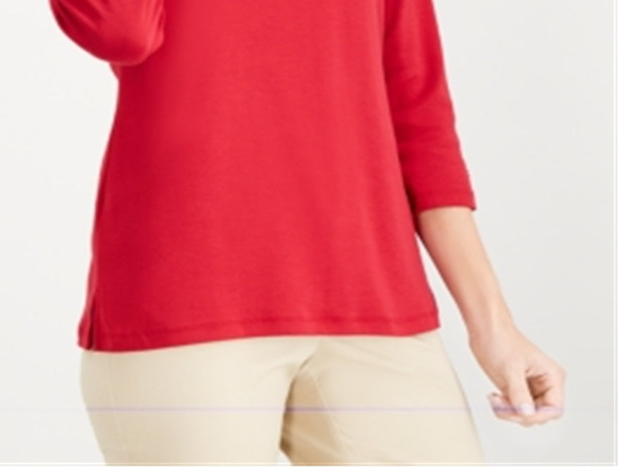 Karen Scott Blusa Feminina Listrada de Malha com Ilhós e Gola V Vermelha Tamanho X-G