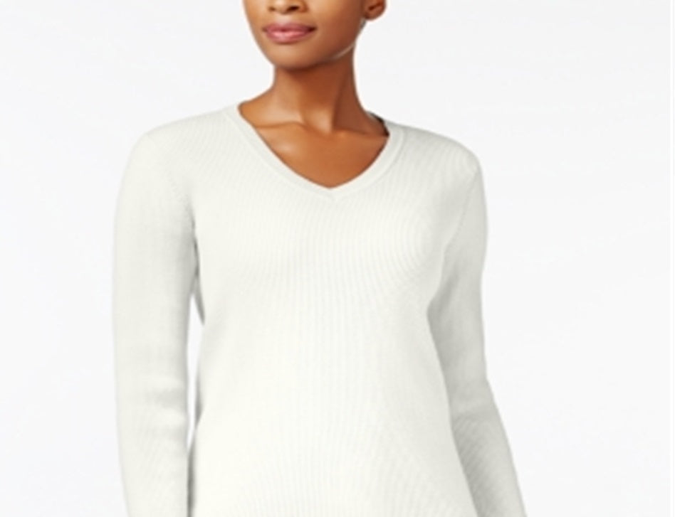 Karen Scott Suéter feminino de algodão com decote em V, branco, tamanho XX-G