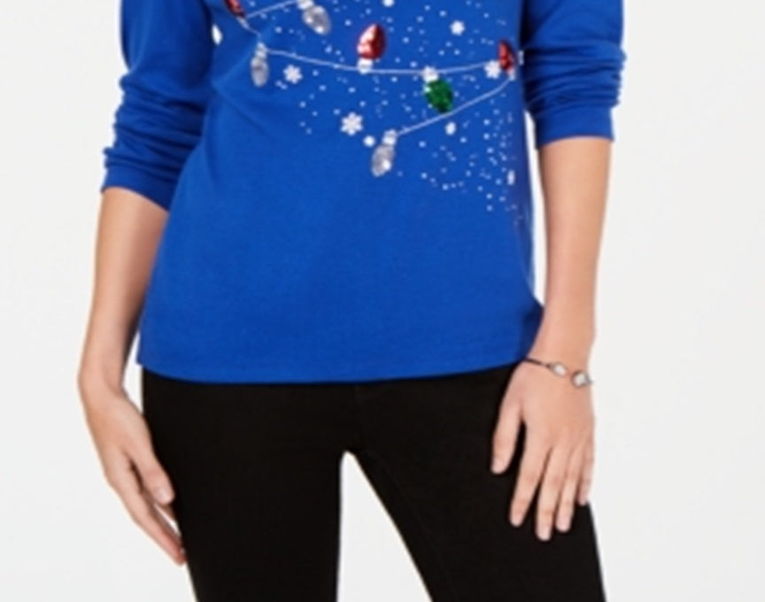 Blusa feminina Karen Scott de algodão com lantejoulas e luzes natalinas, azul, tamanho extragrande