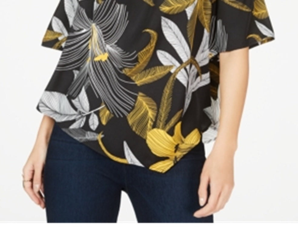 Blusa feminina Thalia Sodi estampada com ombros descobertos, preta, tamanho médio