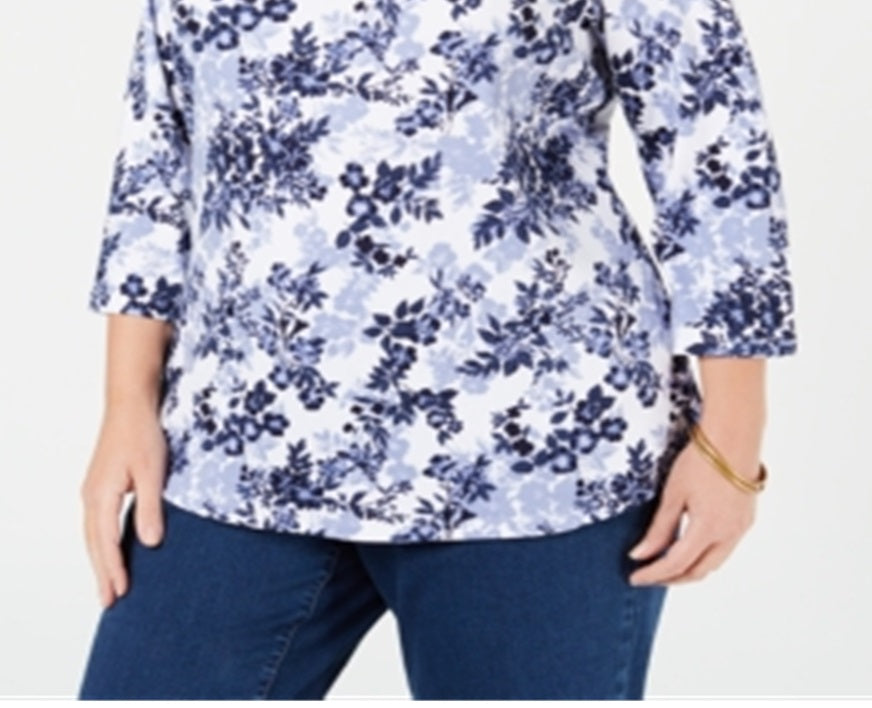 Camiseta feminina Charter Club de algodão com manga 3/4, branca, tamanho 1X