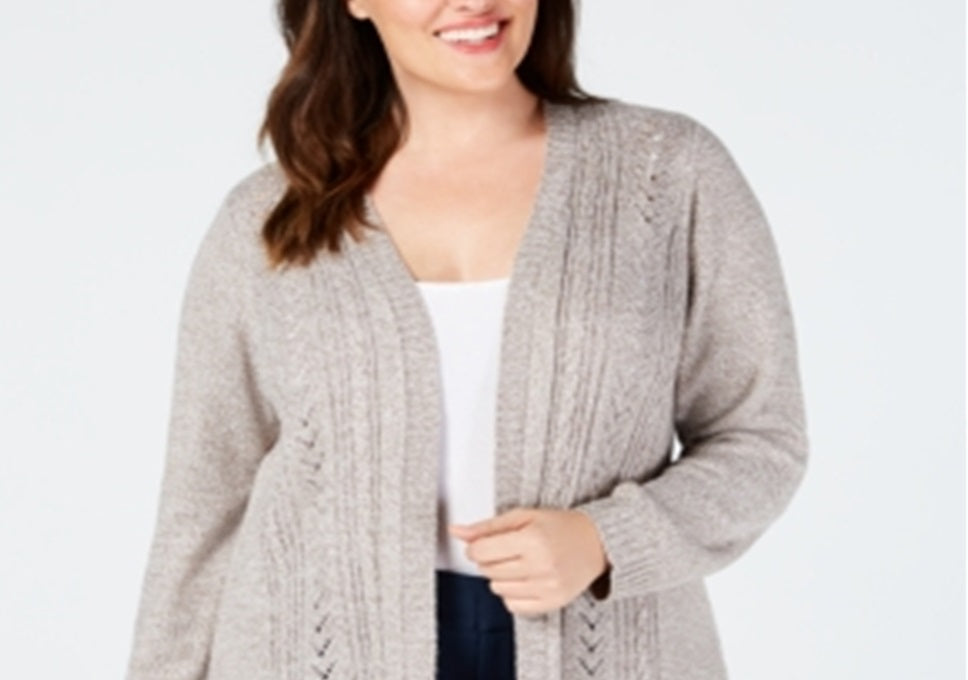 Karen Scott Cardigan Pointelle Aberto Frente Feminino Bege Tamanho 4X
