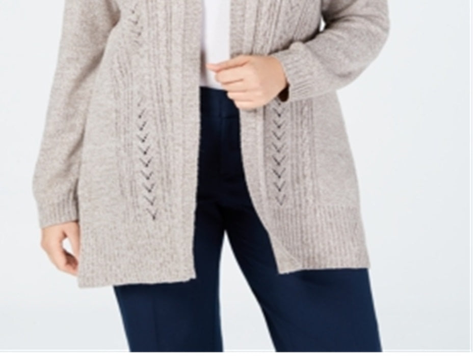 Karen Scott Cardigan Pointelle Aberto Frente Feminino Bege Tamanho 4X