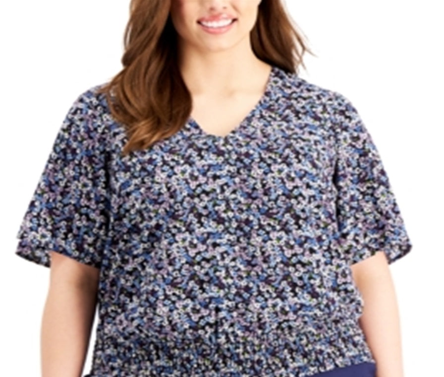 Blusa feminina Michael Kors com decote em V floral, azul, tamanho 1X